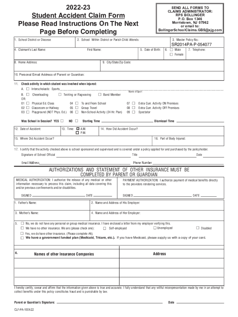 Fillable Online 202223 Student Accident Claim Form Please Read Fax