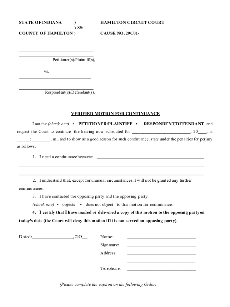 Fillable Online VERIFIED MOTION FOR CONTINUANCE I am the (check one