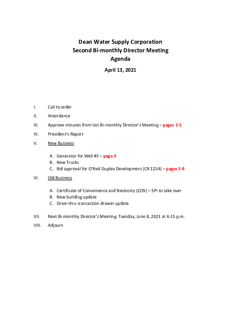Fillable Online Dean Water Supply Corporation Second Bimonthly Fax