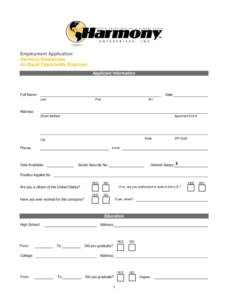 Fillable Online Employment with Harmony Careers at Fax Email