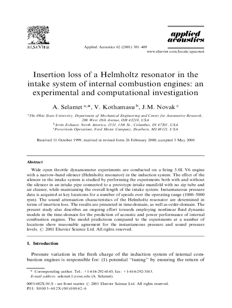 Fillable Online Insertion loss of a Helmholtz resonator in the intake