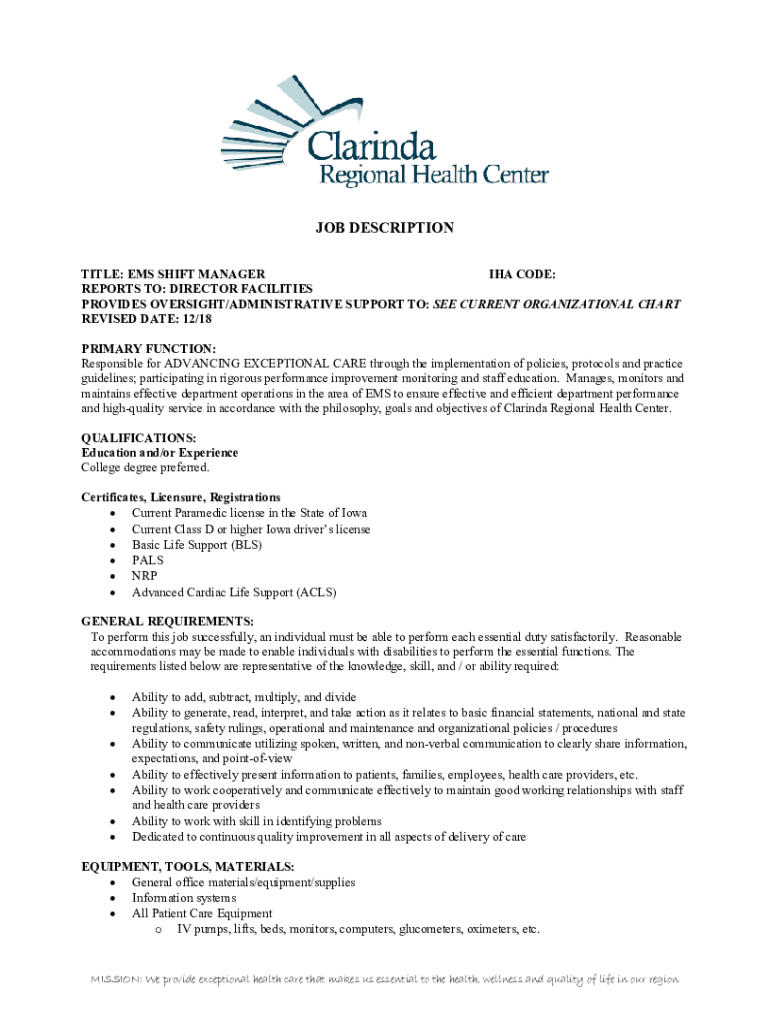 Fillable Online EMS Shift Manager JOB DESCRIPTION Fax Email Print