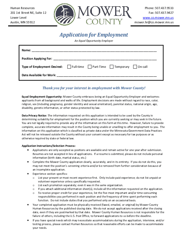 Fillable Online Mower County is seeking applicants for the position of