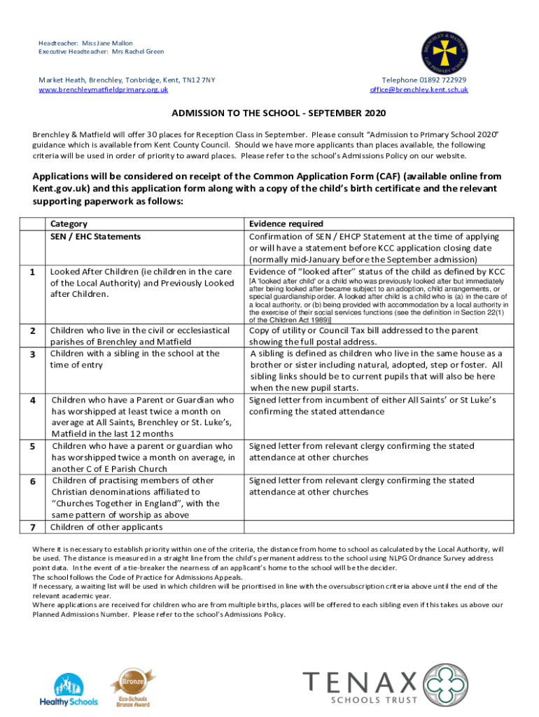 Fillable Online Brenchley and Matfield Church of England Primary School
