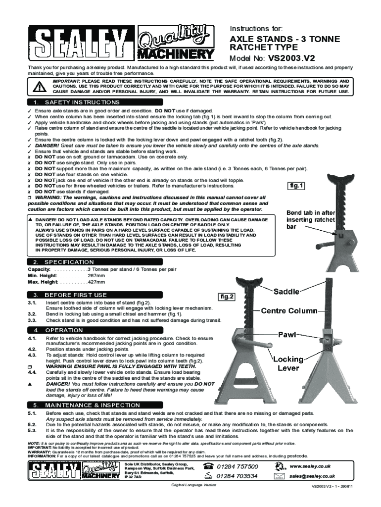 Fillable Online Ratchet Type Axle Stands (Pair) 3t per StandVS2003 Fax