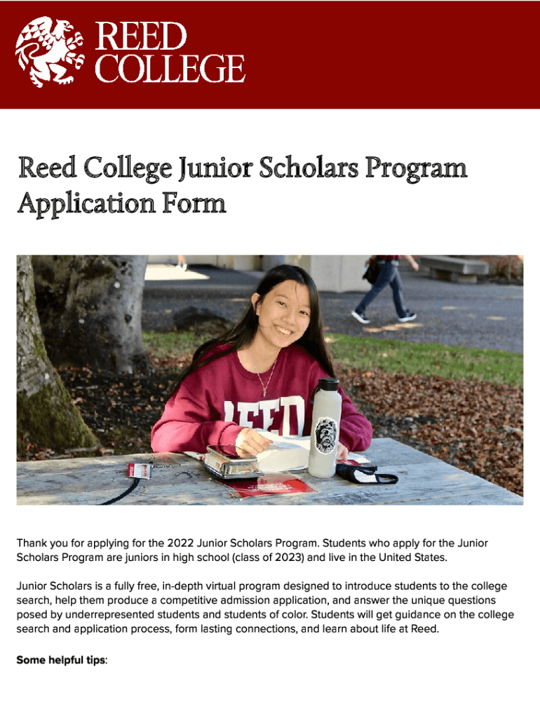 Fillable Online Reed College Junior Scholars Program Application Form