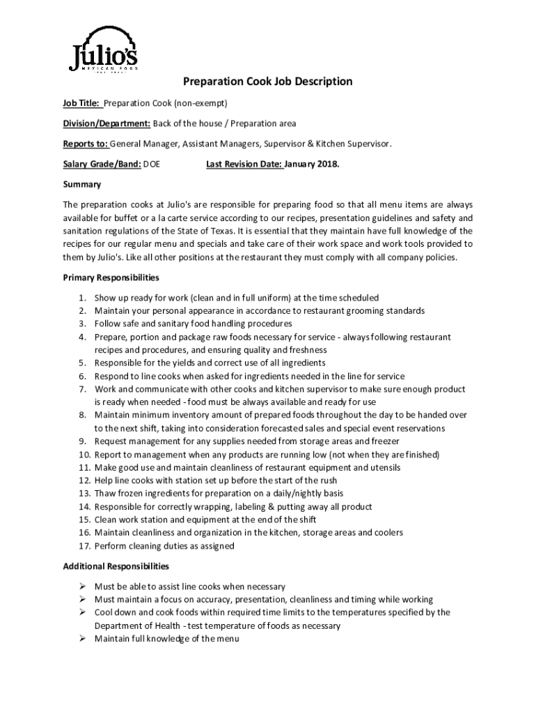 Fillable Online Prep Cook Job Description Fax Email