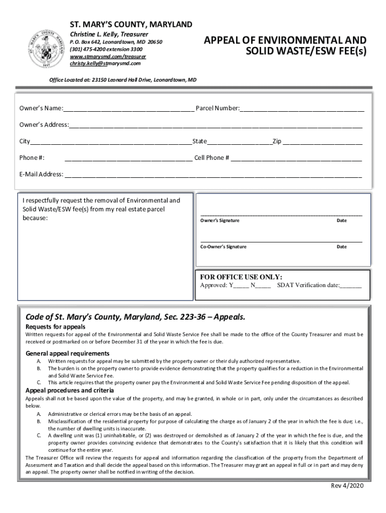 Fillable Online Christy Kelly (St. Mary's County Treasurer, Maryland