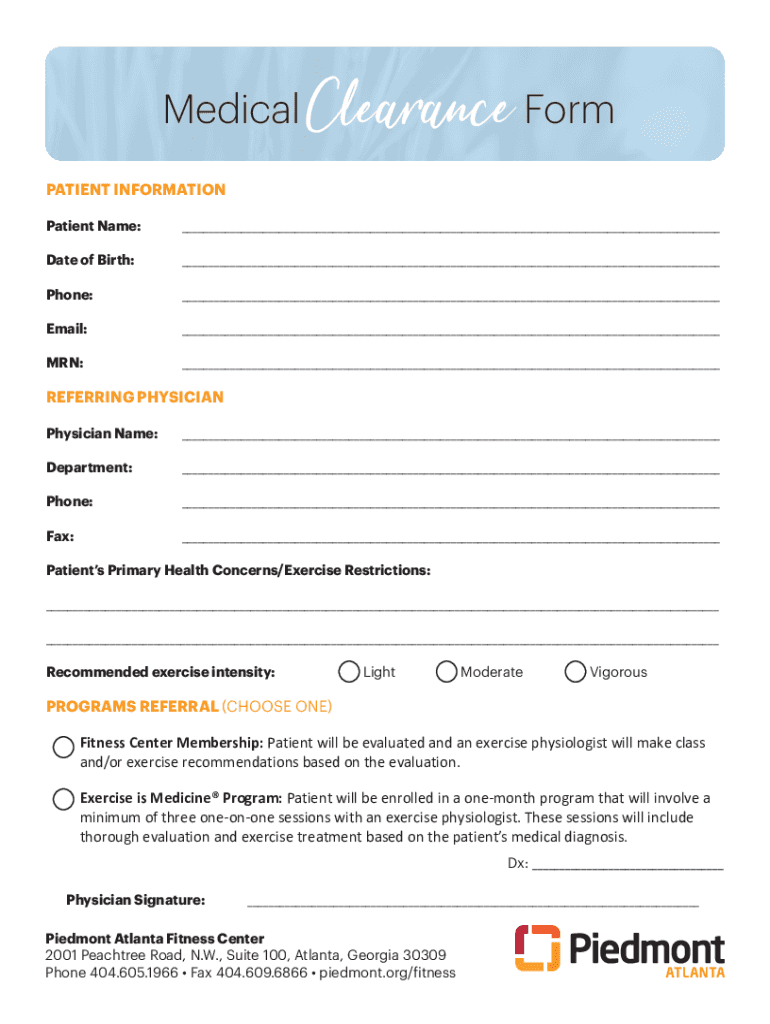Fillable Online Piedmont Atlanta Medical Clearance FormPiedmont