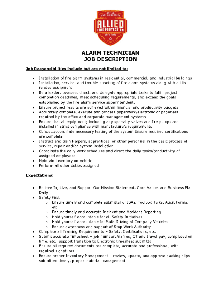 Fillable Online Fire Alarm Technician Job Description Sample Template 