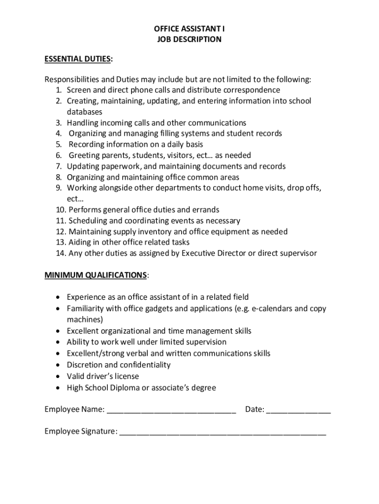 Fillable Online Personal Assistant job description template Fax Email