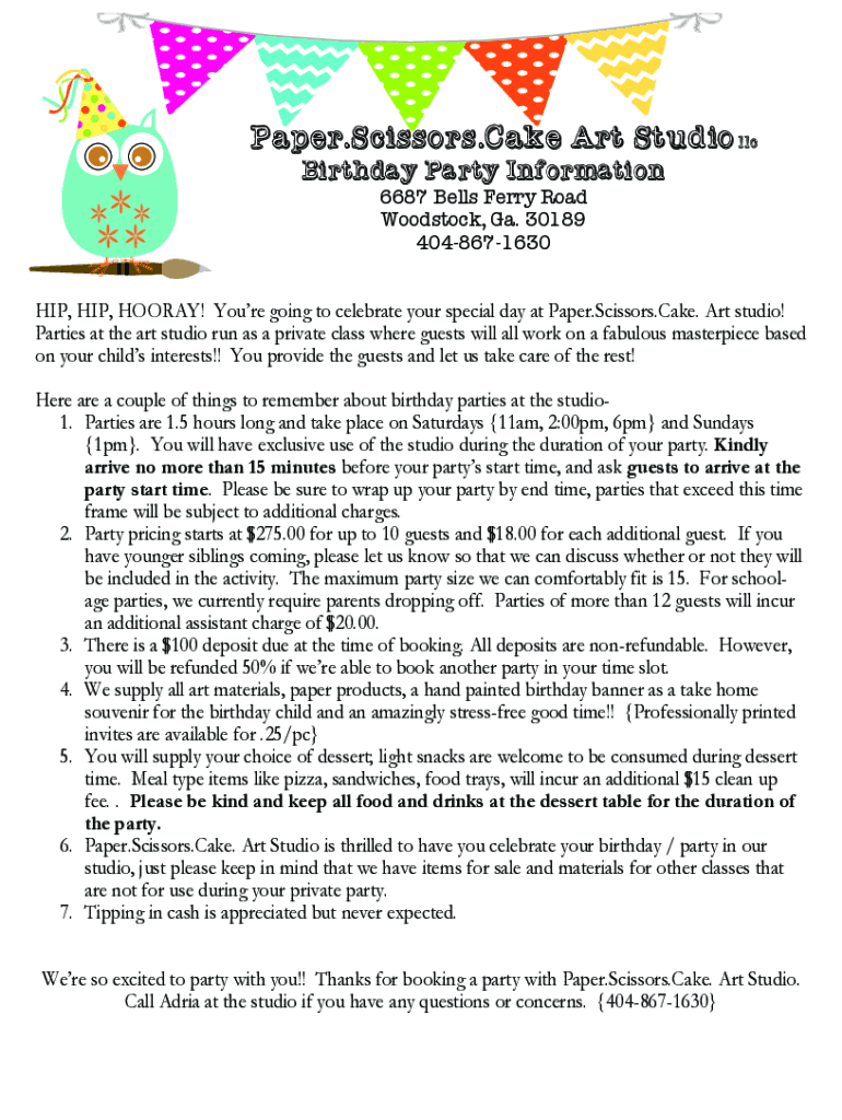 Fillable Online Paper.Scissors.Cake. Art Studio (About) Fax Email Print