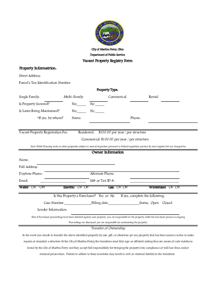 Fillable Online Vacant Property Registry Form Owner Information Fax