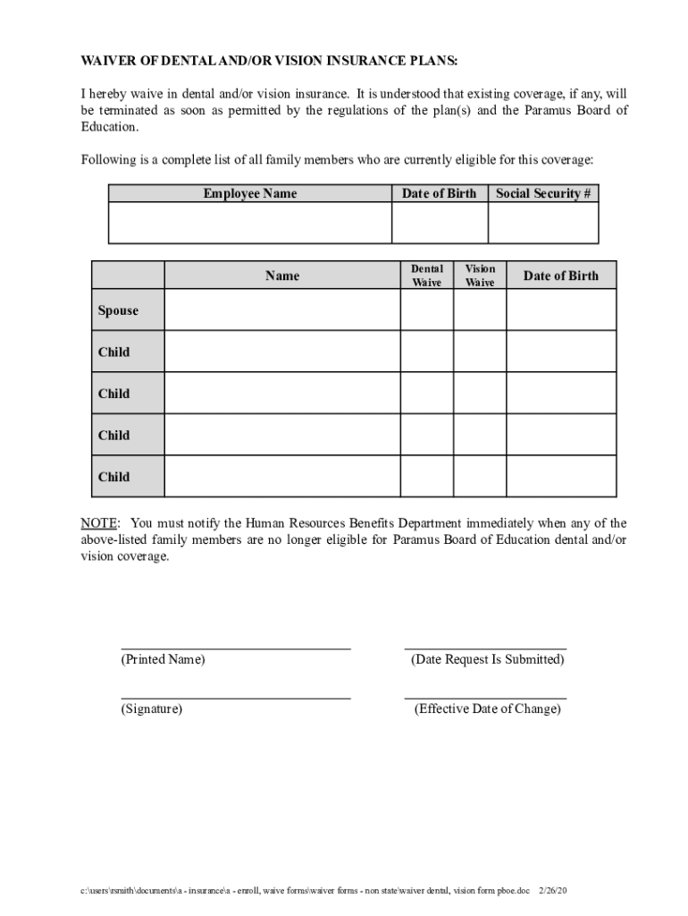 Fillable Online Waiver Dental, Vision Form PBOE Fax Email Print pdfFiller