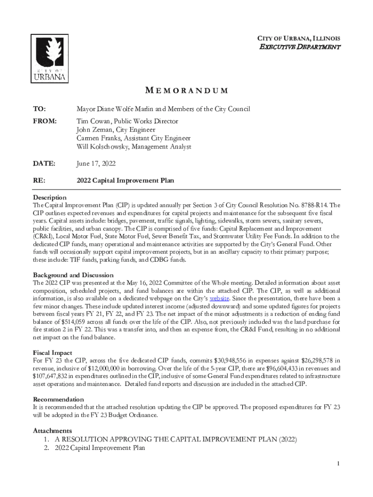 Fillable Online A Resolution Approving the Capital Improvement Plan