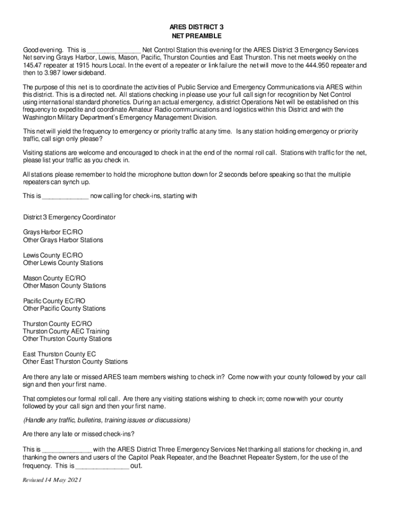 Fillable Online Net Control Station this evening for the ARES District