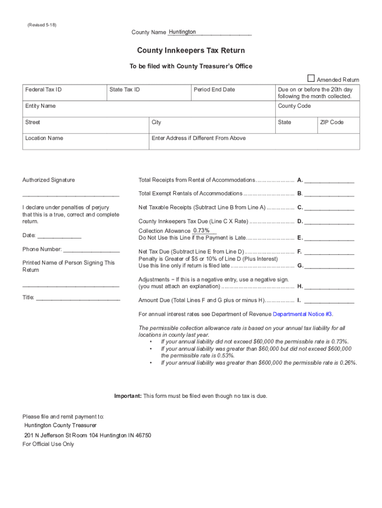 Fillable Online Huntington County Innkeepers Tax Return Form Fax Email