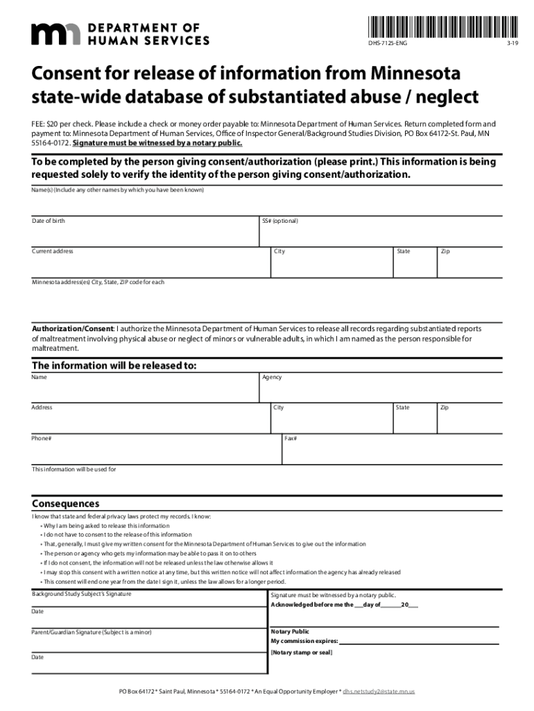 Consent for release of information from Minnesota state wide database of substantiated abuse neglect Preview on Page 1