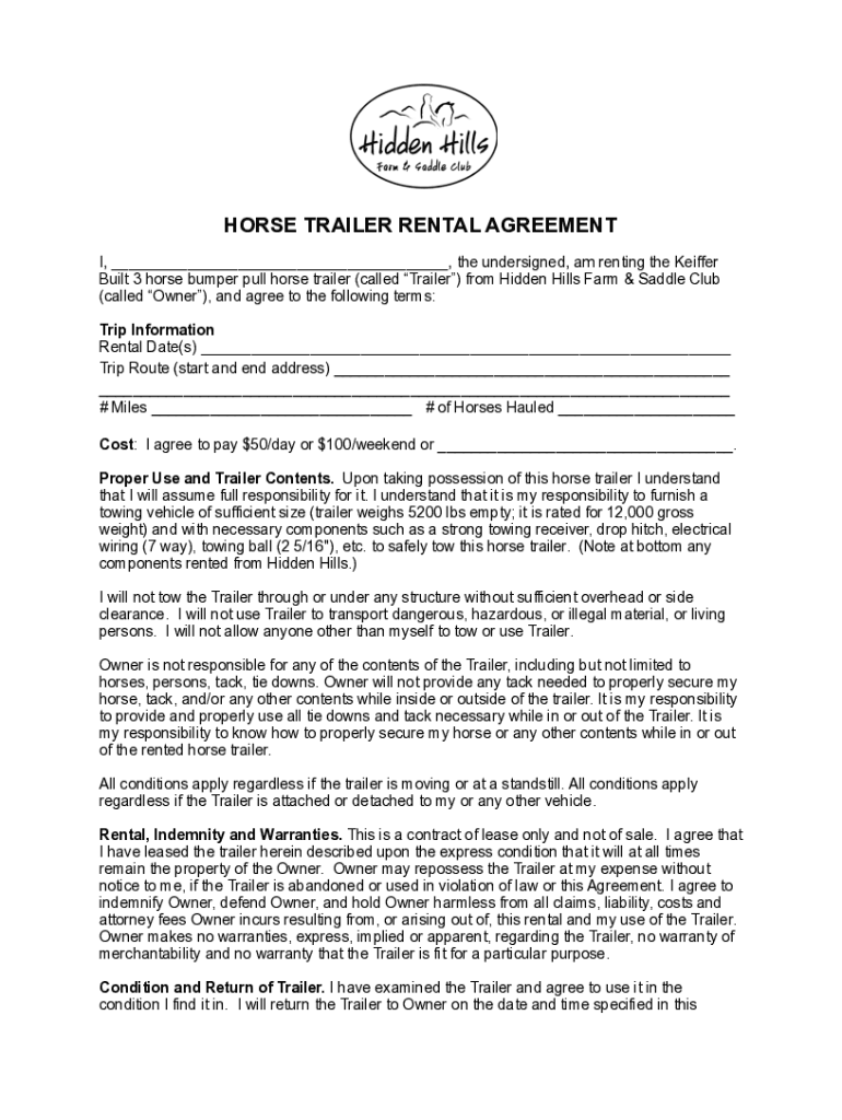 Lease or Rental Agreement of Horse Trailer with Option to Preview on Page 1