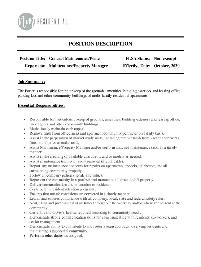Fillable Online Porter job description template Fax Email Print pdfFiller