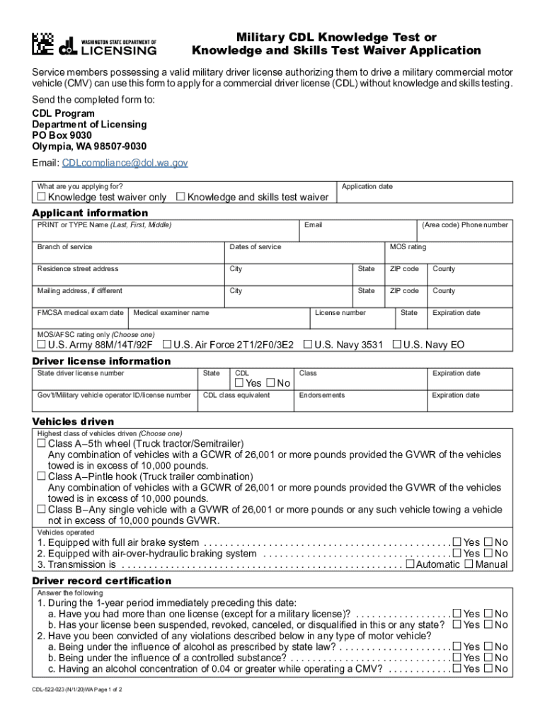 Fillable Online Military CDL Knowledge Test or Knowledge and Skills