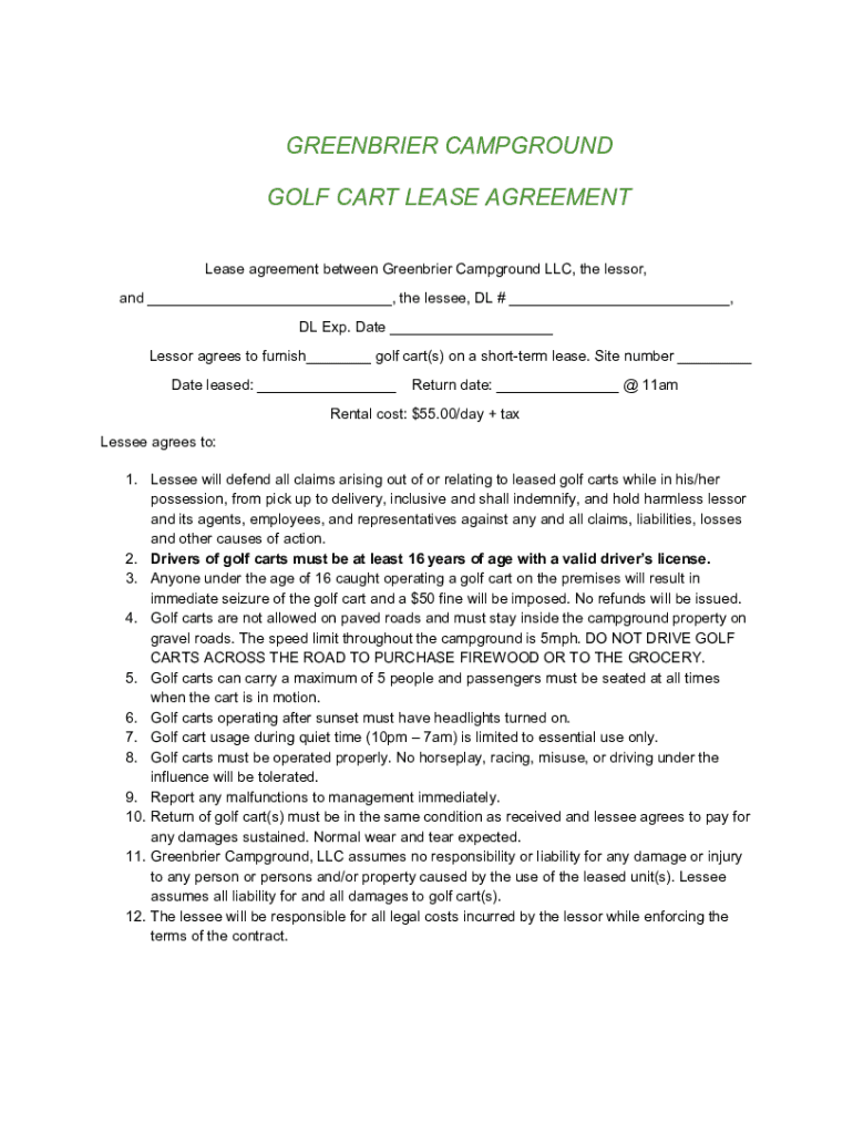 Fillable Online GREENBRIER CAMPGROUND GOLF CART LEASE Fax Email