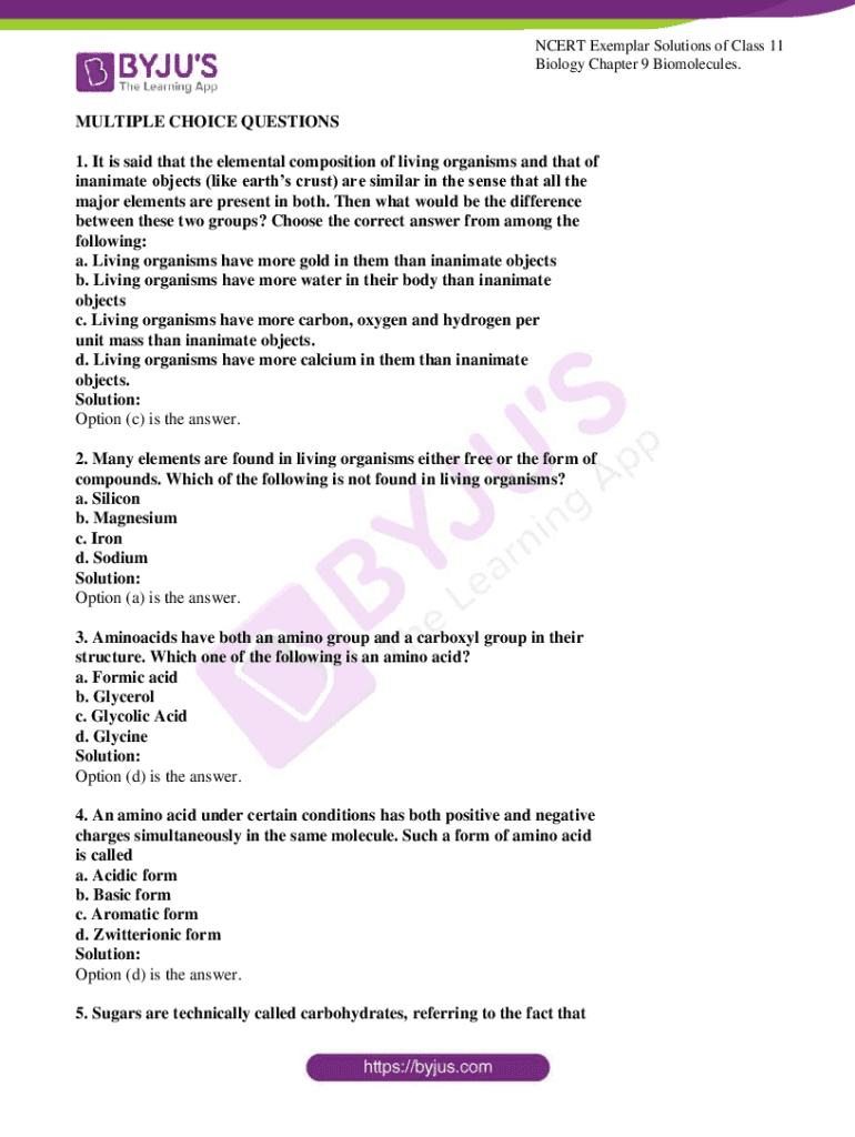 Fillable Online NCERT Exemplar Solutions For Class 11 Biology Chapter 9 Biomolecules.pdf. NCERT