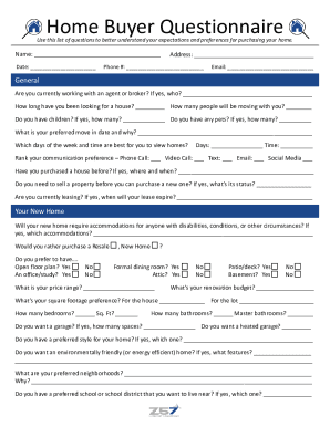 Home Buyer Questionnaire Sheet Buyer Survey Fillable PDF