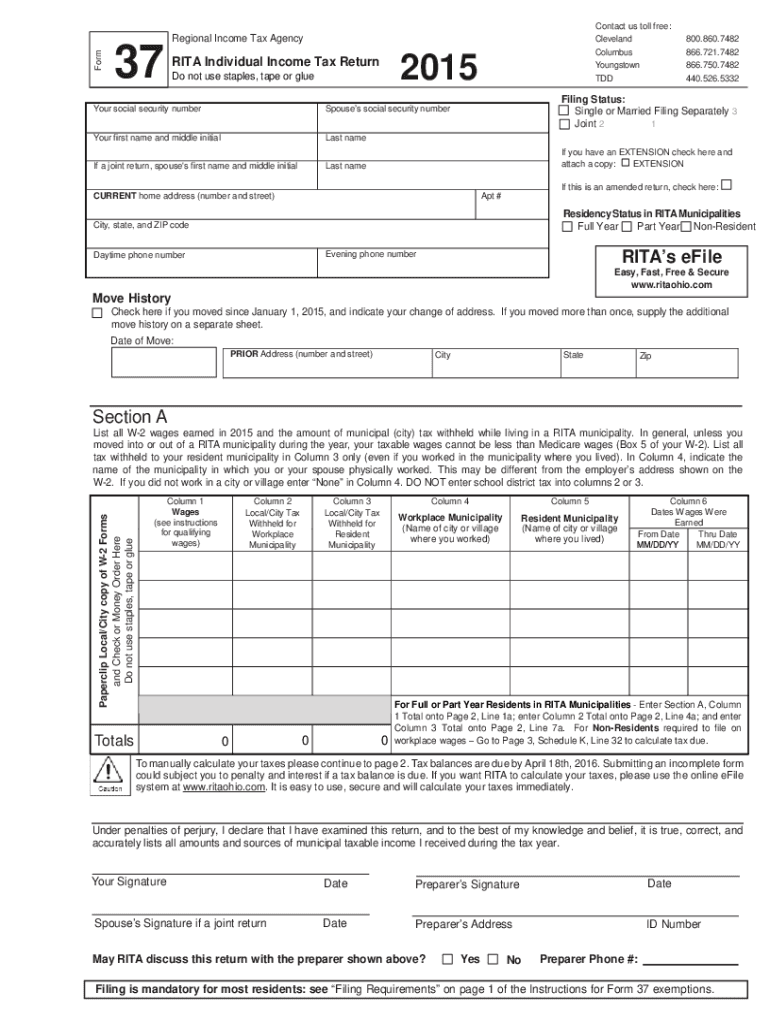 Fillable Online Individual Tax Return Form 37 City of