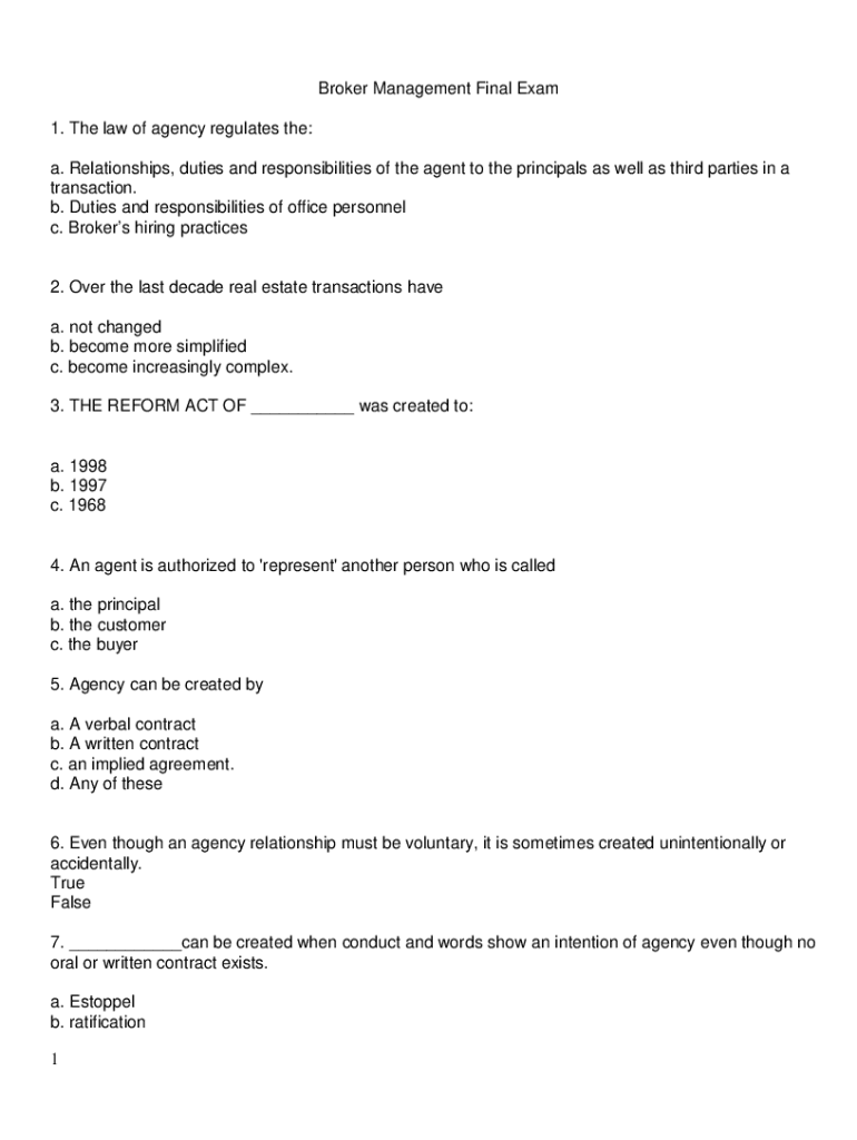 Fillable Online 1 Broker Management Final Exam 1. The law of agency