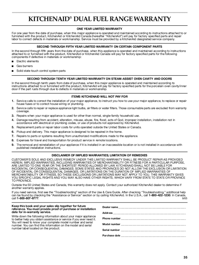 Fillable Online KITCHENAID DUAL FUEL RANGE LIMITED WARRANTY Fax Email