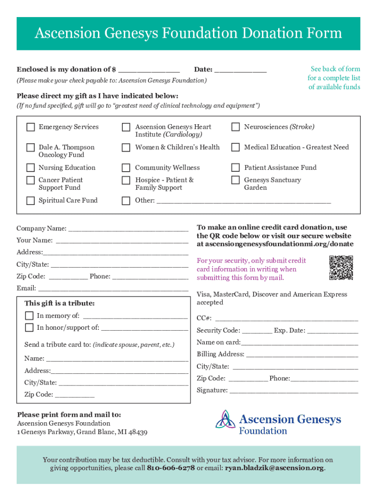 Fillable Online Ascension Genesys Foundation Donation Form Fax Email