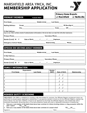 Fillable Online Marshfield Area YMCA Membership Application Form Fax ...