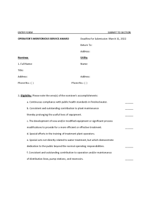 Fillable Online Operator's Meritorious Service Award-Nominee Form Fax Email Print - pdfFiller