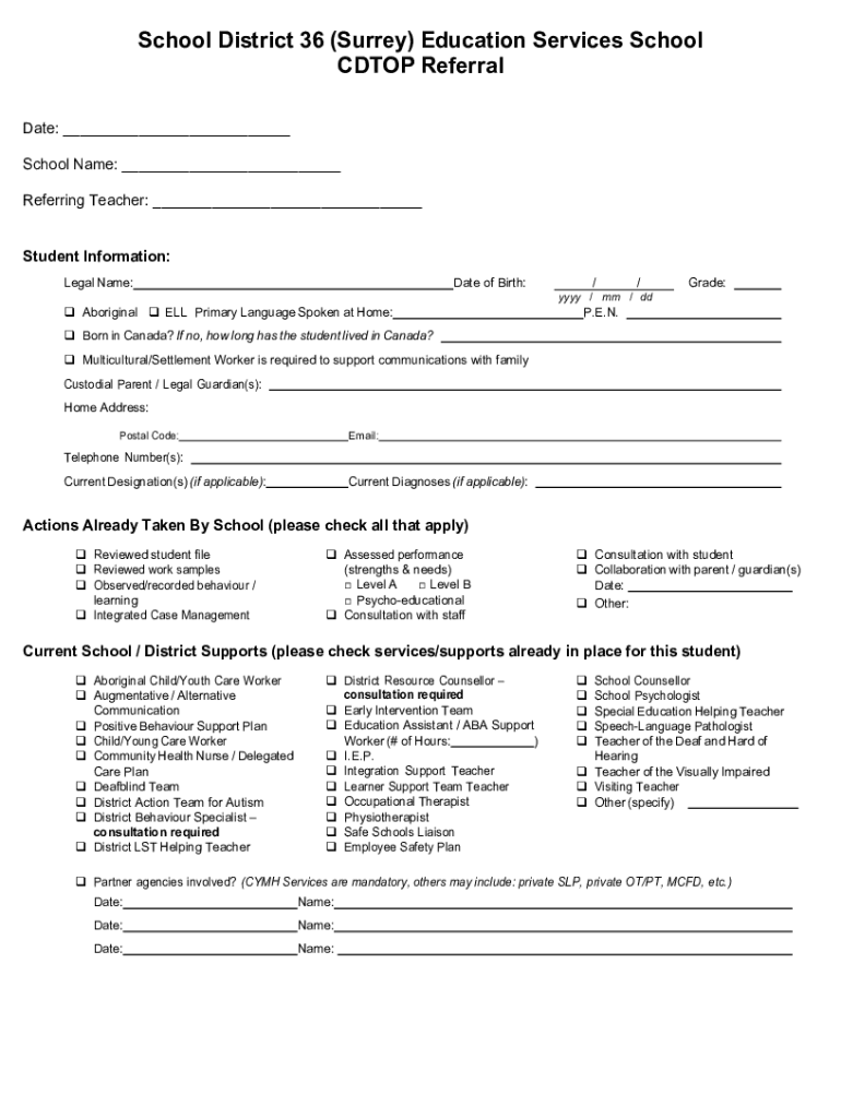 Fillable Online school district 36 (surrey) student registration form
