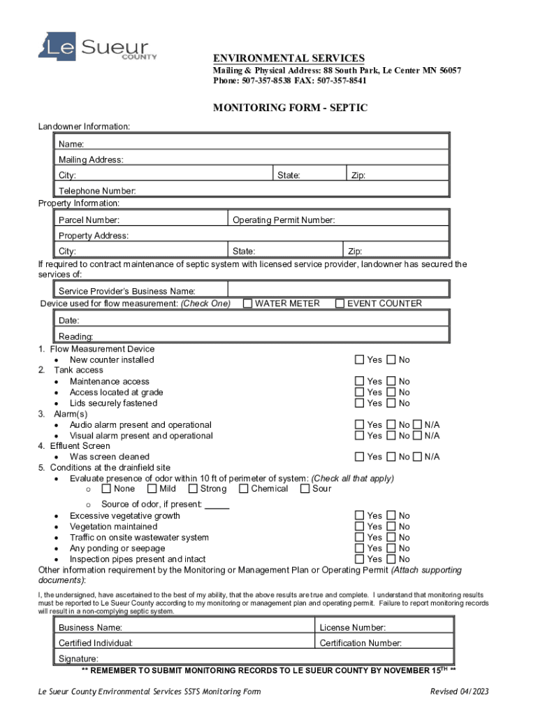 Fillable Online monitoring form septic Le Sueur County Fax Email