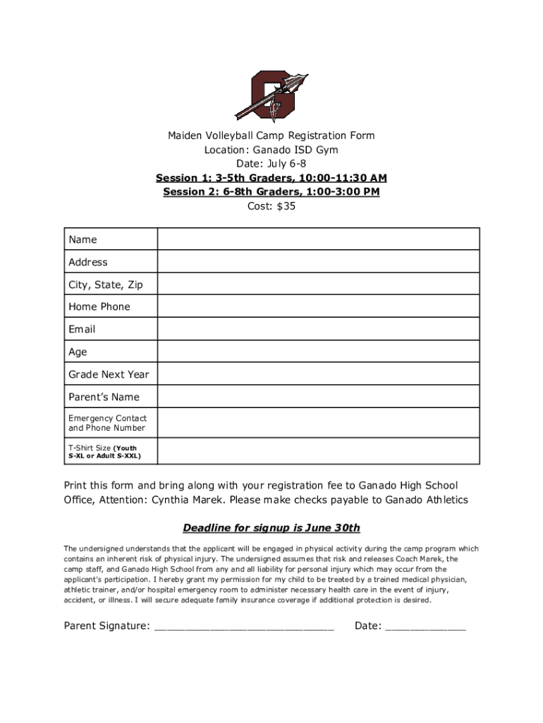 Fillable Online Maiden Volleyball Camp Registration Form Fax Email Print pdfFiller
