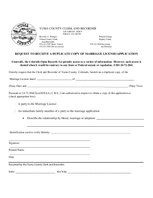 Marriage Request to receive a duplicate copy of marriage licenseor application