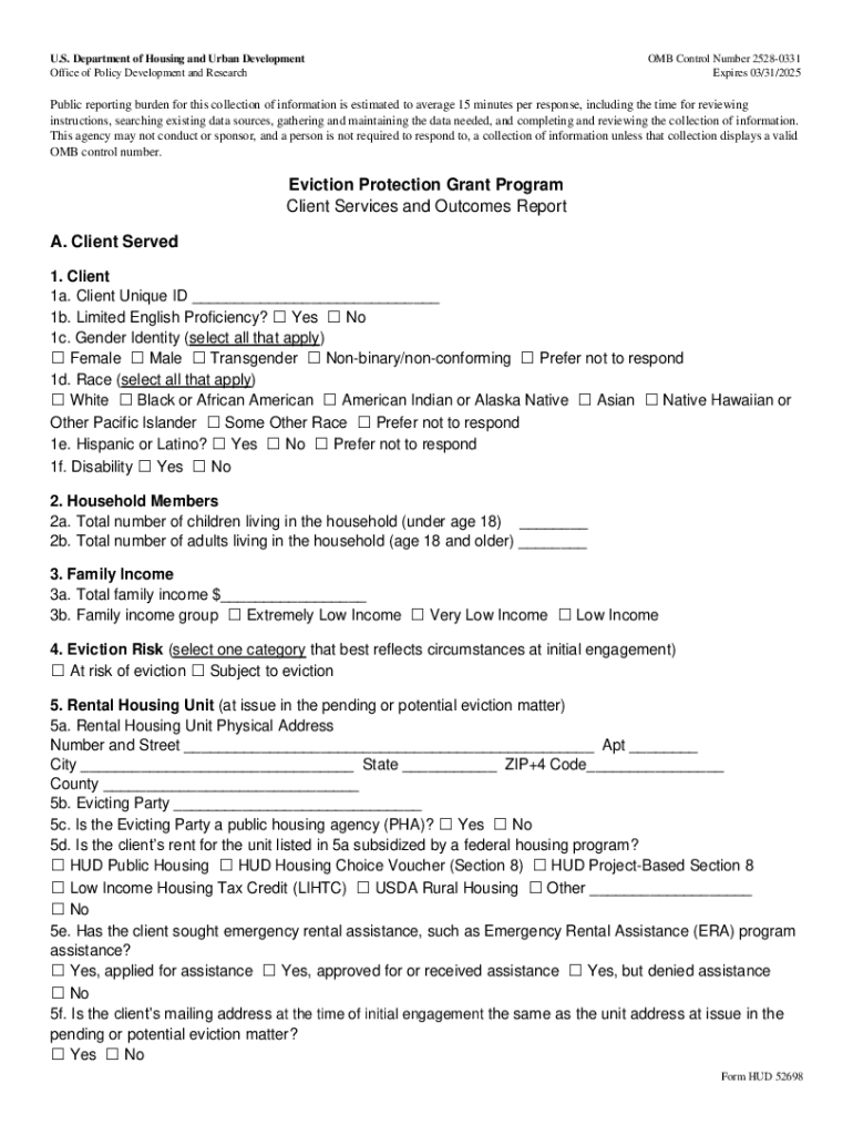 Fillable Online HUD Form 52698 Eviction Protection Client Report Fax