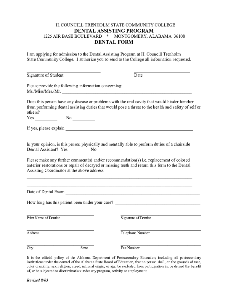 Fillable Online DENTAL ASSISTING PROGRAM DENTAL FORM Fax Email Print