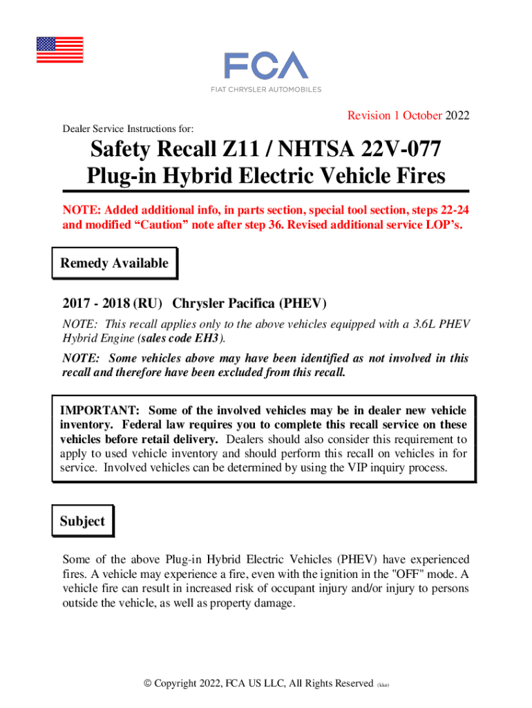 Fillable Online Recall Z11 Chrysler Pacifica PlugIn Hybrid Electric
