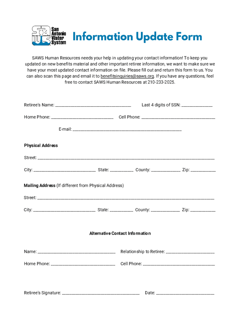 Fillable Online SAWS Human Resources needs your help in updating your