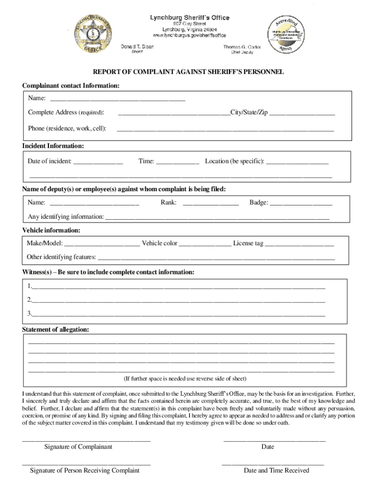 Fillable Online Sheriff's Office Personnel Complaint Form Fax Email