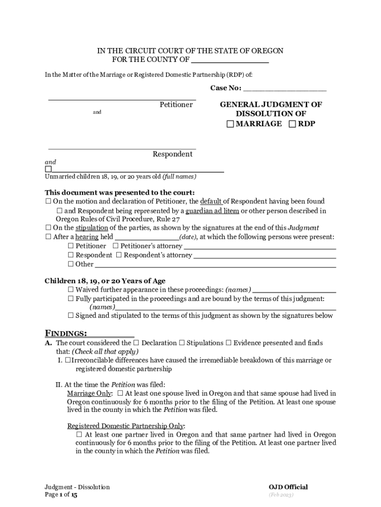 Filing For Dissolution (Divorce) - Oregon Judicial Department Preview on Page 1