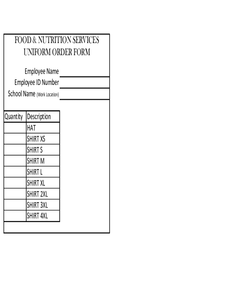 Fillable Online Uniform order form for Food and Nutrition Services Fax