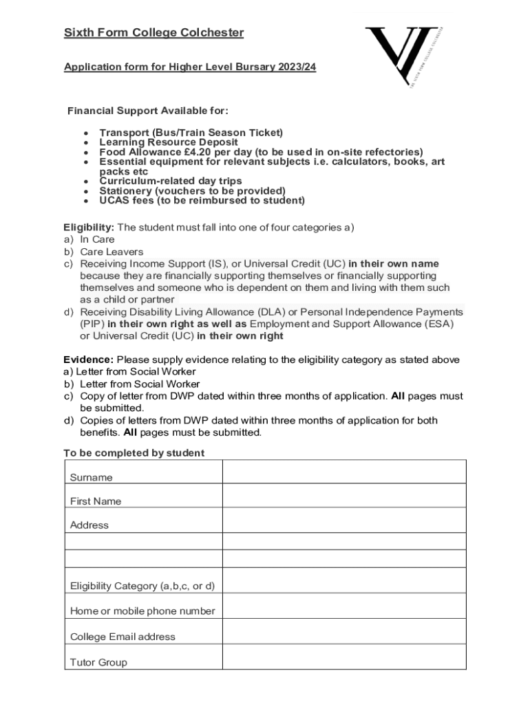 Fillable Online Application form for Higher Level Bursary Fax Email Print pdfFiller
