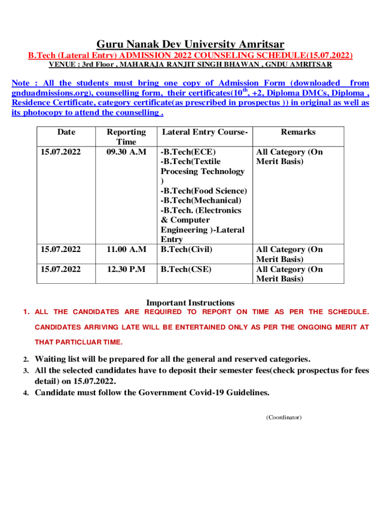 Fillable Online GNDU Admission 2023 Application Form (Released), Exam