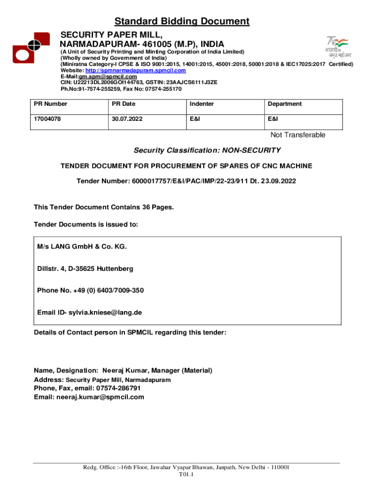 Fillable Online Paper Mill Hoshangabad...(A Unit of Security Printing