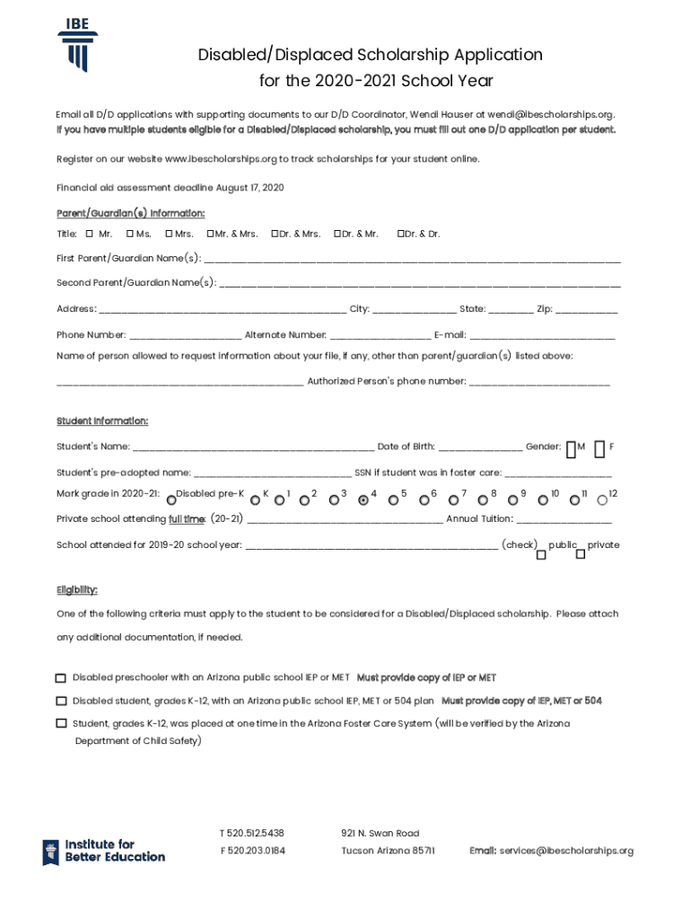 Fillable Online Disabled/Displaced Scholarship Application for the 2020