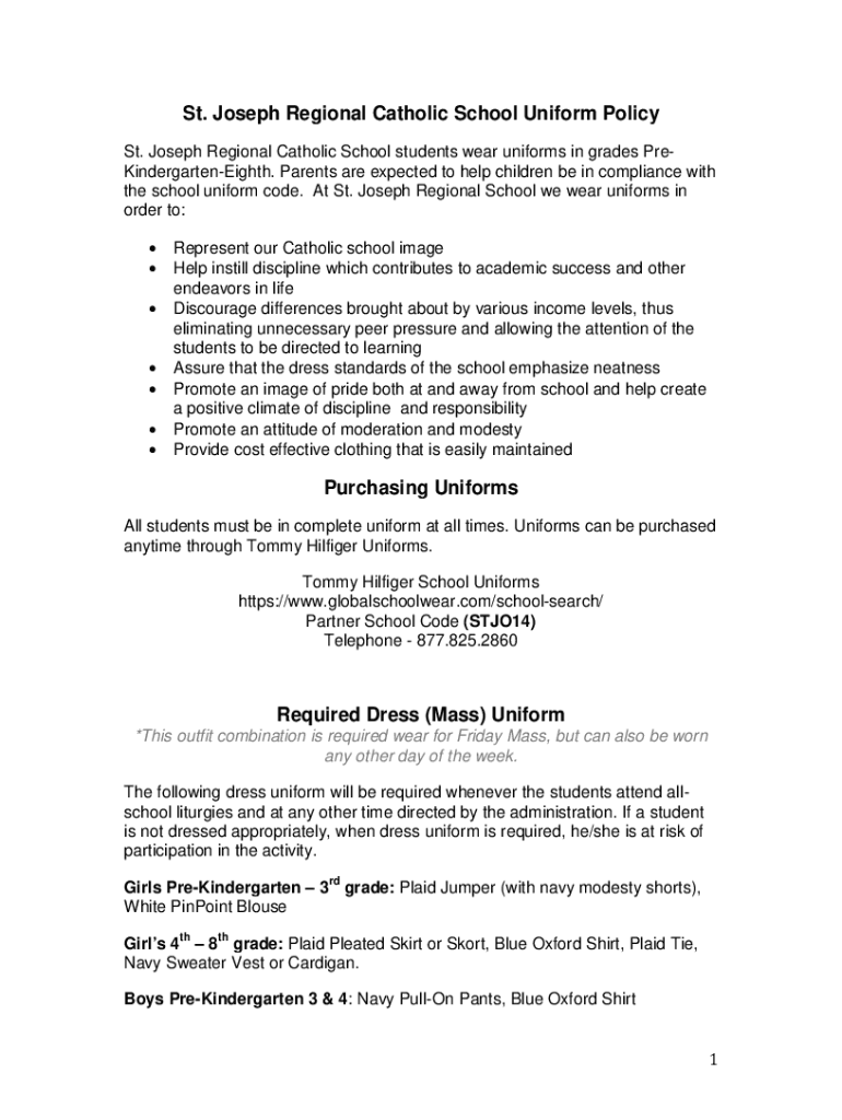Fillable Online St. Joseph Regional Catholic School Uniform Policy Fax